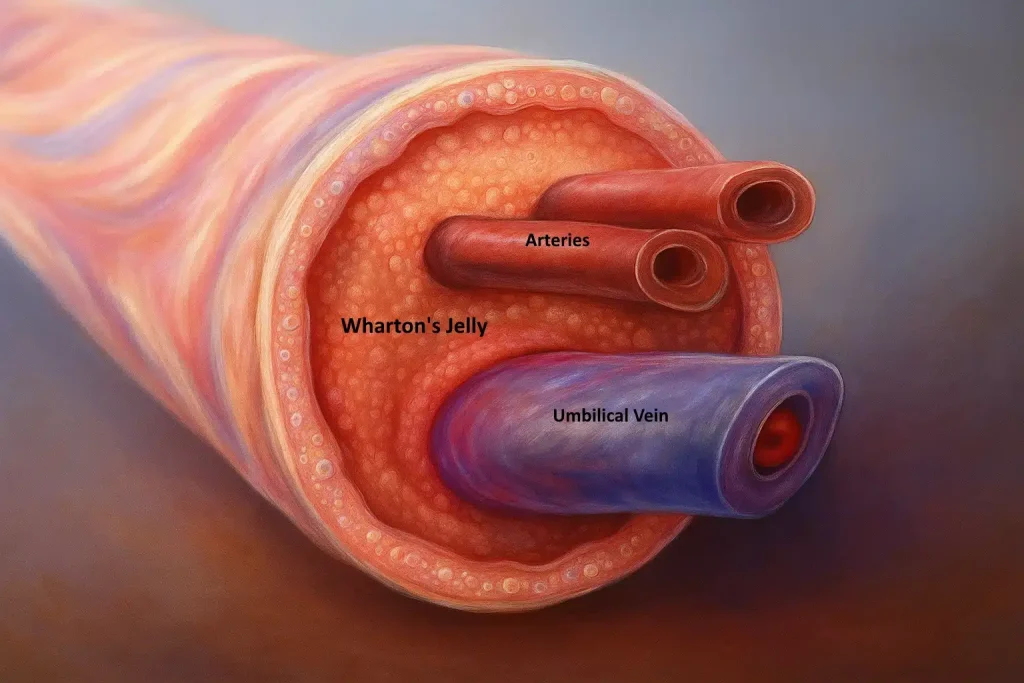 The Umbilical Cord showing the Wharton's Jelly, one vein and two arteries.